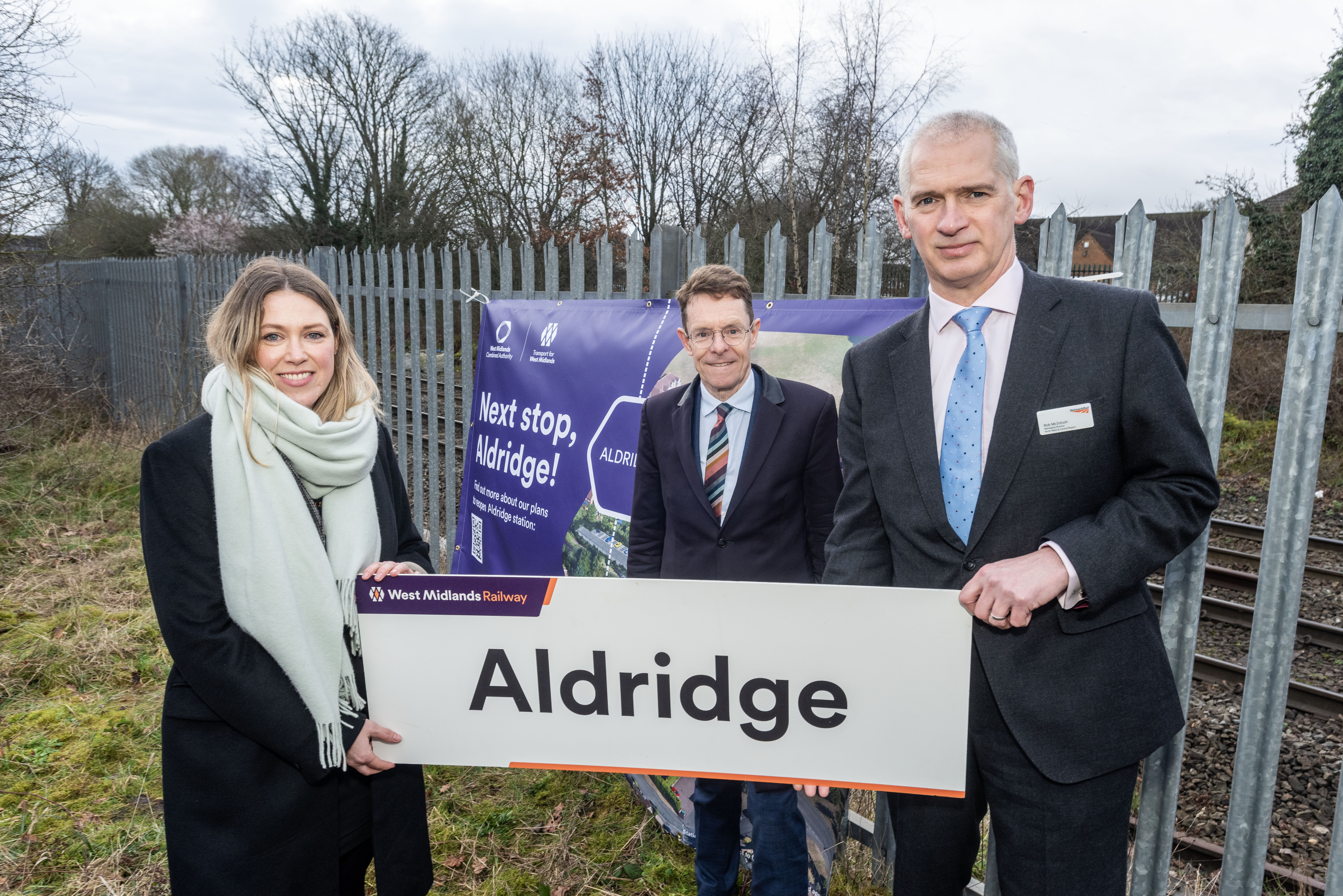 Kate Trevorrow, TfWM rail delivery director, Andy Street Mayor of the West Midlands and Rob McIntosh, managing director for Network Rail's North West and Central Region at the station site